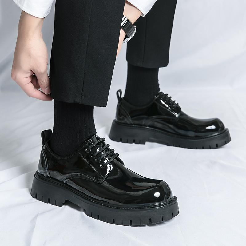 Мужские кожаные черные туфли на платформе — фото 7