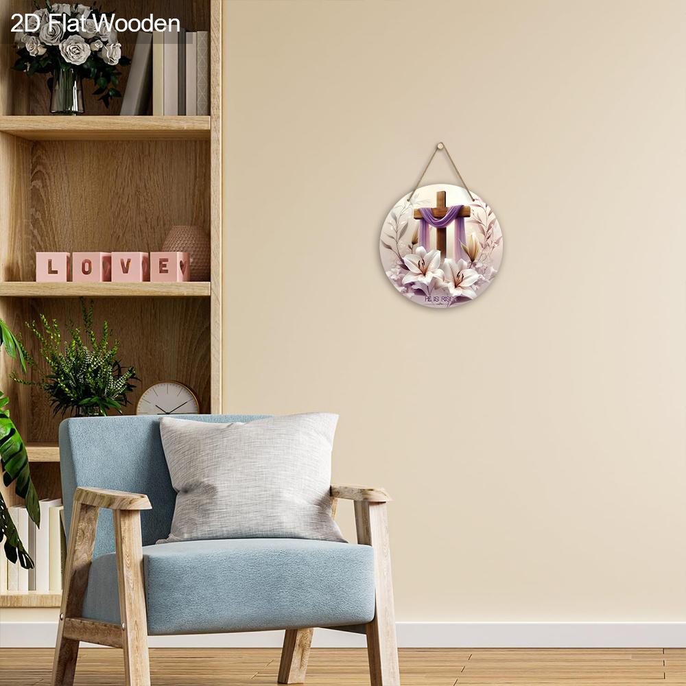 2D Flat, 1pc Easter Sign White Lily Flowers and Cross Wooden Ornaments 7.87x7.87inch Round Wall Art Decor Plaque Easter Decoration Perfect for Front