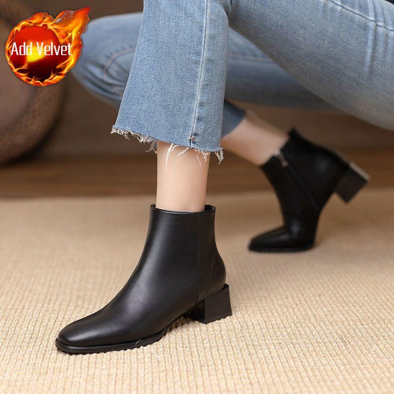 Elegant With Medium Heels Women'S Ankle Boots Autumn Winter Leather Fleece-Lined Booties High Quality Chelsea Female Short Shoes