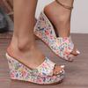 Fashion Floral Print Wedge Slippers Women Slip On Chunky Platform Sandals Woman Summer 2025 Thick Bottom Non Slip Outdoor Slides