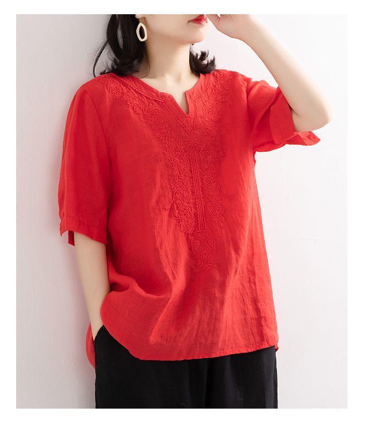 Damen Besticktes Baumwoll- und Leinen V-Ausschnitt Kurzarm Lockerer Pullover