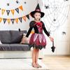 Kid Girls Halloween Witch Costume Sparkly Silver Stars Printed Carnival Cosplay Dress With Pointed Hat Wand Dress Up Clothes