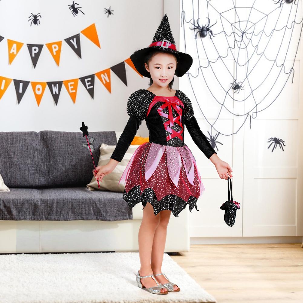 Kid Girls Halloween Witch Costume Sparkly Silver Stars Printed Carnival Cosplay Dress With Pointed Hat Wand Dress Up Clothes