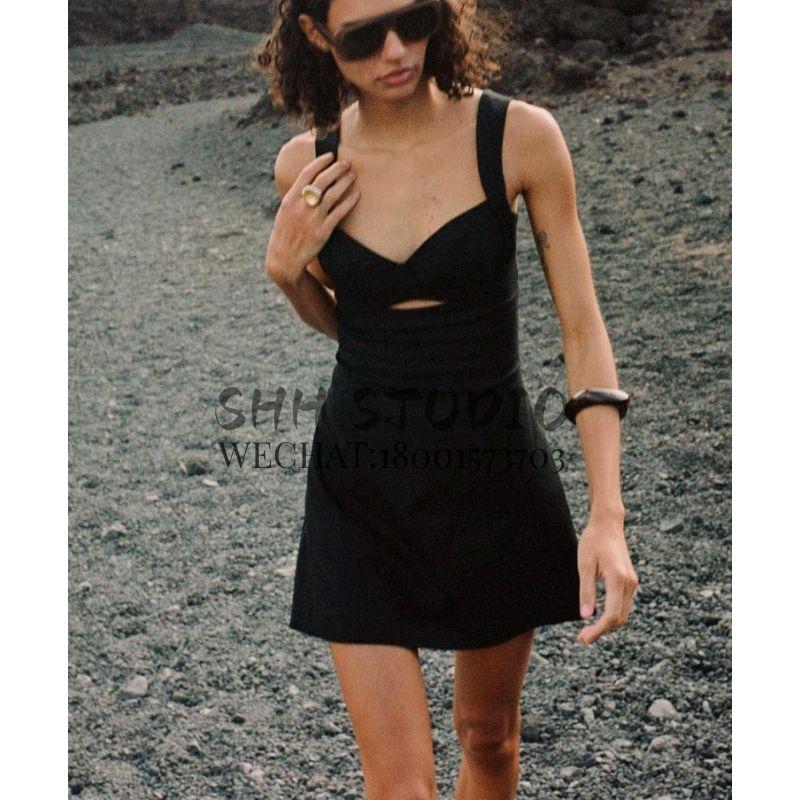 Spring New Arrival Linen Blend Strap Short Black Dress Women's Clothing Casual Elegant Dress 8651396