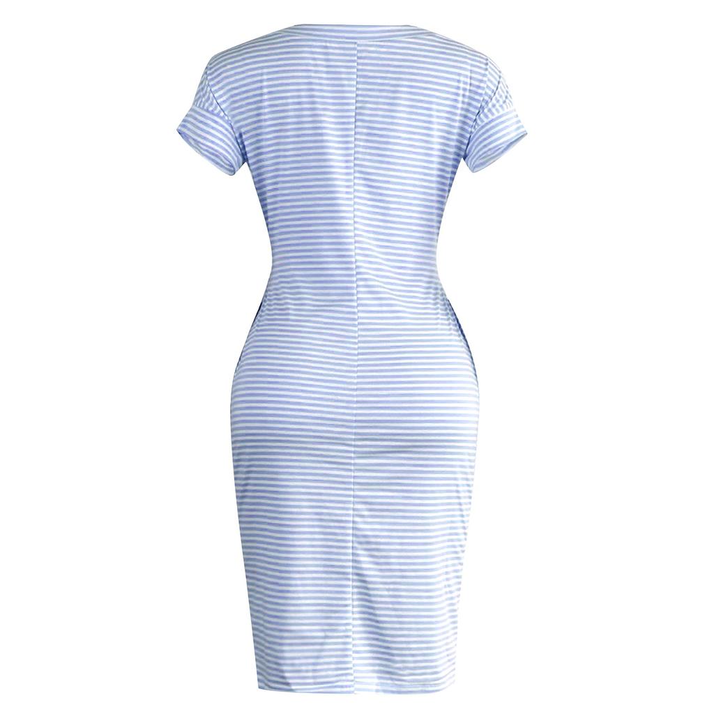 Fashion Womens Loose Summer Short Sleeves Round Neck Casual Striped Belt  Dress