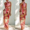 Abito lungo stampato con fiori romantici francesi al collo senza maniche off-the-shoulder vita sottile chiffon abito da vacanza