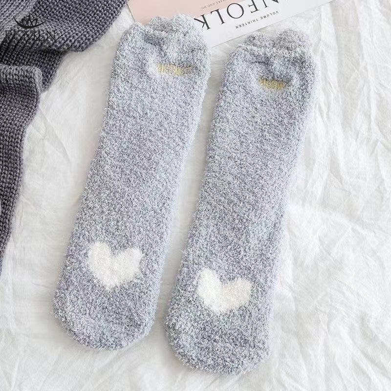 5 Pairs Thick Warm Mid-calf Socks for Womensmall Ear Flaps Socks for Home Autumn/Winter Coral Fleece Socks