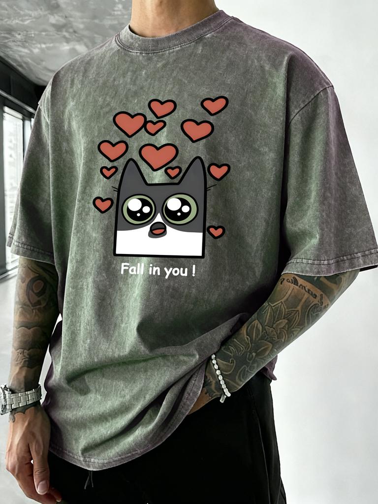 Fall In Love You Cat Pattern Washed TShirts Men Cotton Casual T Shirt Summer Gym Short Sleeve Crewneck Loose Man Clothing