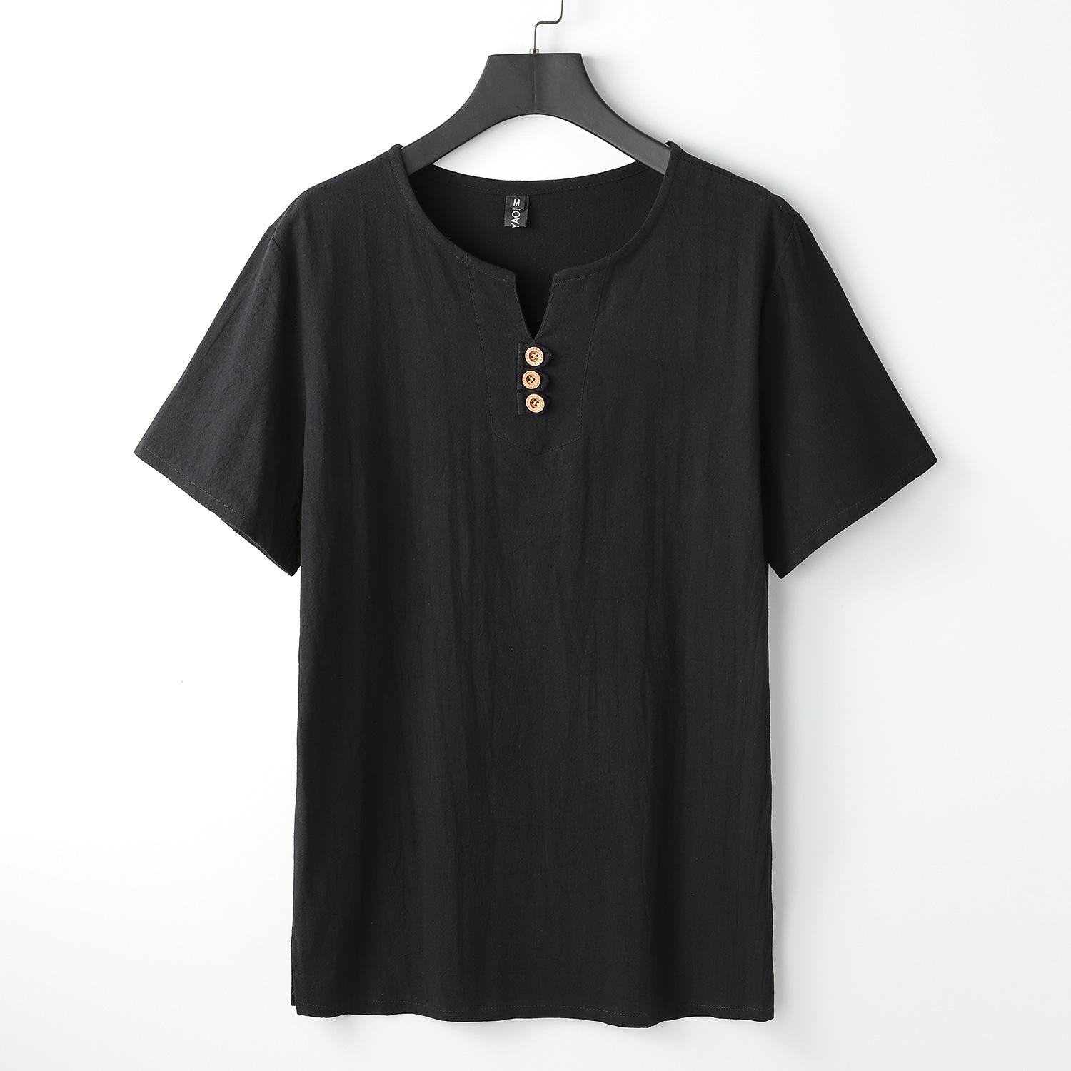 

Бавовняна та лляна чоловіча футболка великого розміру S-9XL з коротким рукавом на літо, вільна, у китайському стилі, чоловічий топ на ґудзиках-дисках 6XL чорний