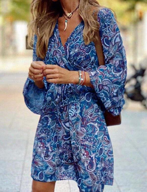 Abito boho casual estivo da donna con stampa floreale, maniche a sbuffo, vita alta, abiti da spiaggia midi