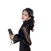 Black Long Sleeve Lace High Neck Mesh Top - Sexy Hollow-Out Fairy Chiffon Shirt for Women