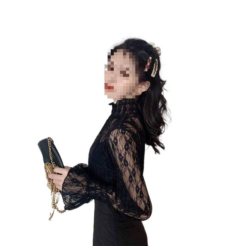 Black Long Sleeve Lace High Neck Mesh Top - Sexy Hollow-Out Fairy Chiffon Shirt for Women