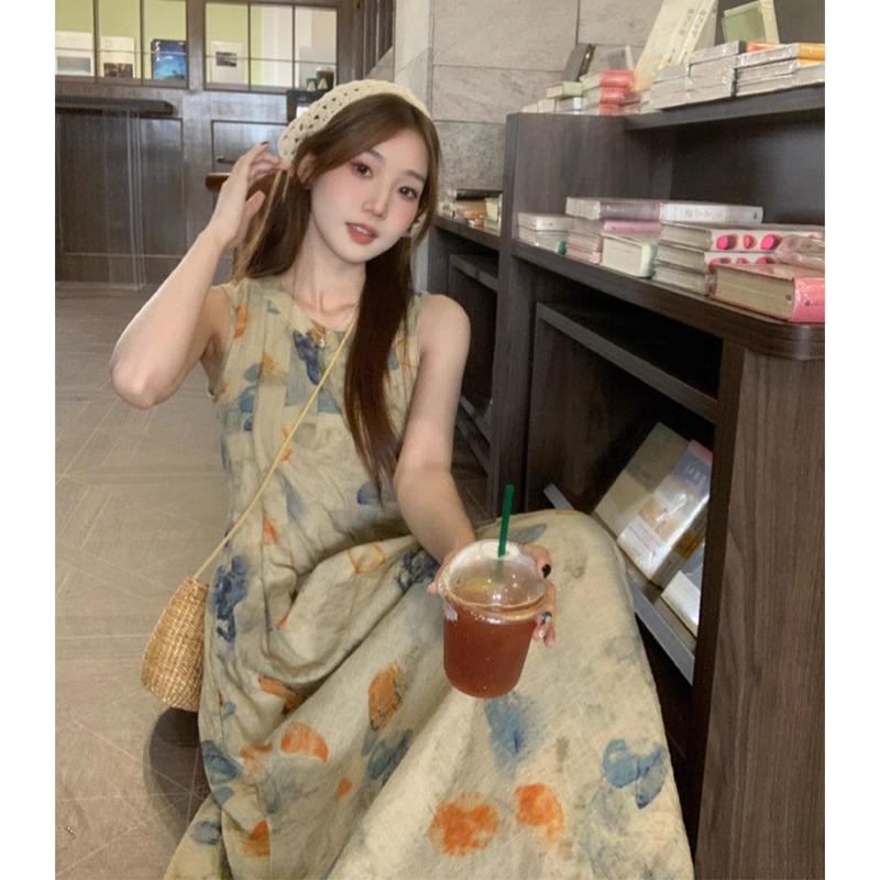 Ink painting vest dress niche design sense spring and summer new retro literary temperament new national style long dress