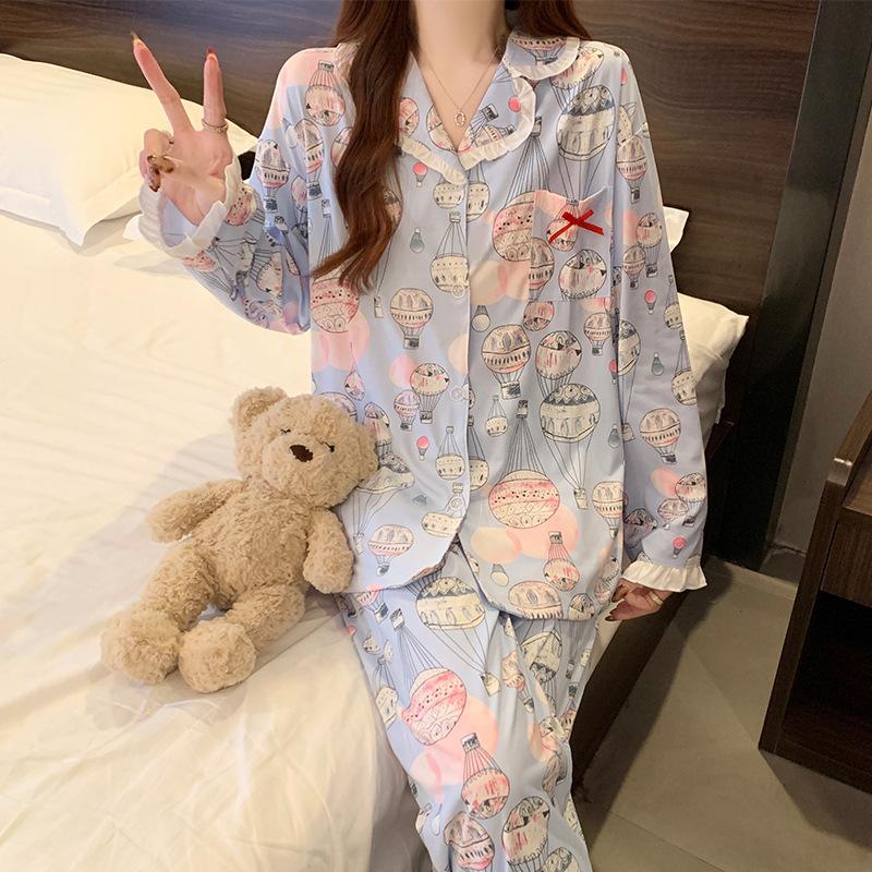 Hot Air Balloon White Pajamas Women Can Wear Thin Imitation Cotton Loungewear Long-sleeved Two-piece Set In Spring