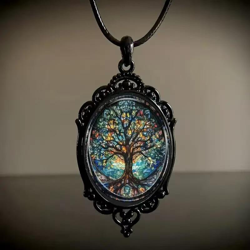 Vintage Oval Glass Alloy Pendant Necklace Jewelry
