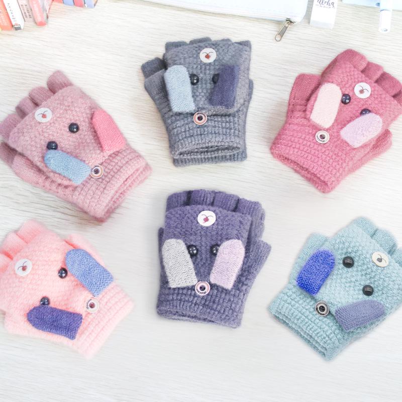 Children's Fingerless Winter Cartoon Kitten Gloves - Warm, Cute, Knitted Imitation Cashmere for Elementary Students