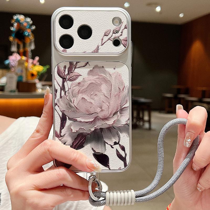 Colorful Flowers Pattern Leather Lanyard Case For iPhone 18 Pro Max 17 16 15 14 13 Pro Max Luxury Hybrid TPU+PU Anti-skid Soft Phone Cover