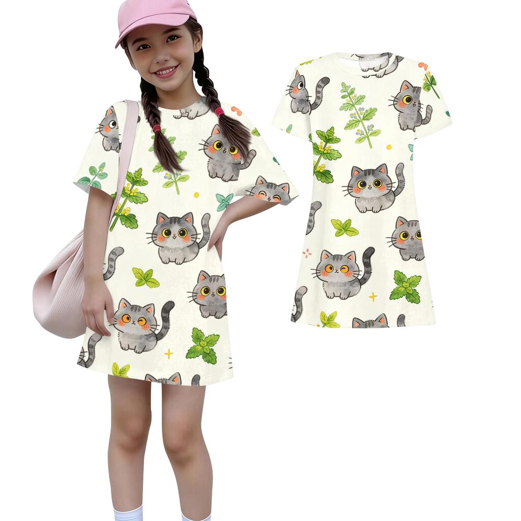 Girls Loose Fit Short Sleeve Dress Lightweight Round Neck Casual Dress with Animal Print Pattern for Kids Summer Wear