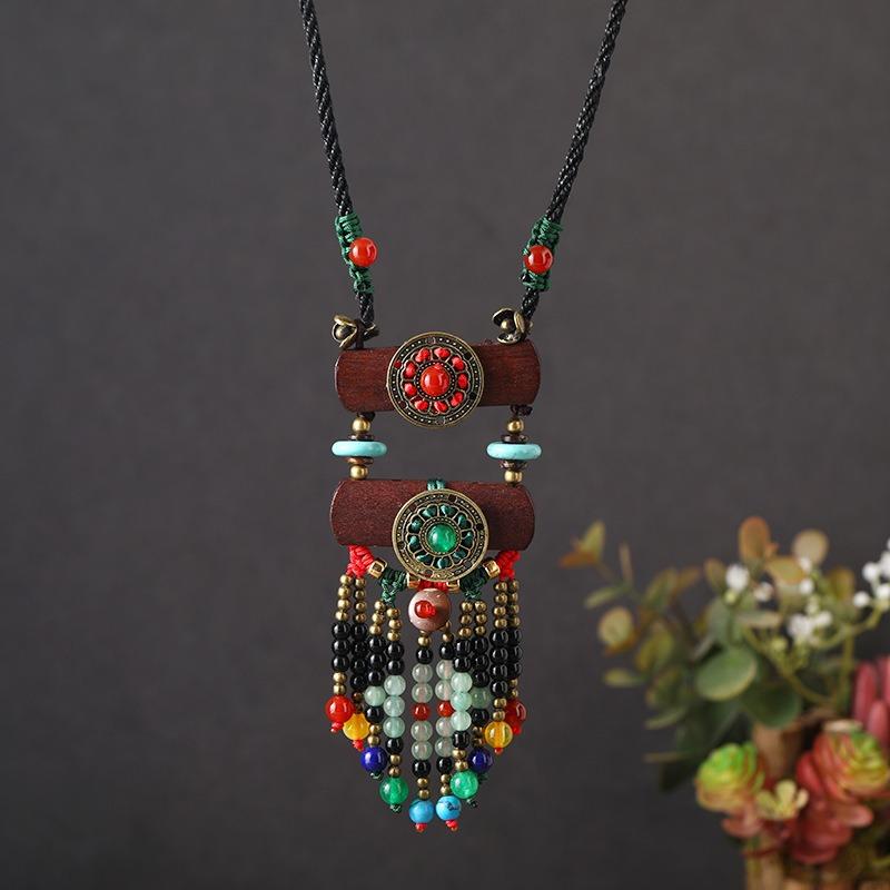 Retro Fringed Necklace Women's Woven Long Wooden Chalcedony Pendant Literary Temperament Sweater Chain with Jewelry