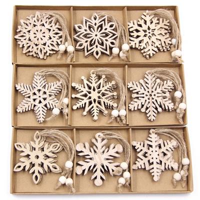 12PCS/Box Vintage Snowflake Christmas Wooden Pendants Ornaments Christmas Tree Ornaments Christmas Decorations Hanging Gifts