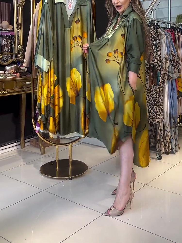 2024 Autumn European & American Print Long Sleeve Turn-Down Collar Loose Dress for Women