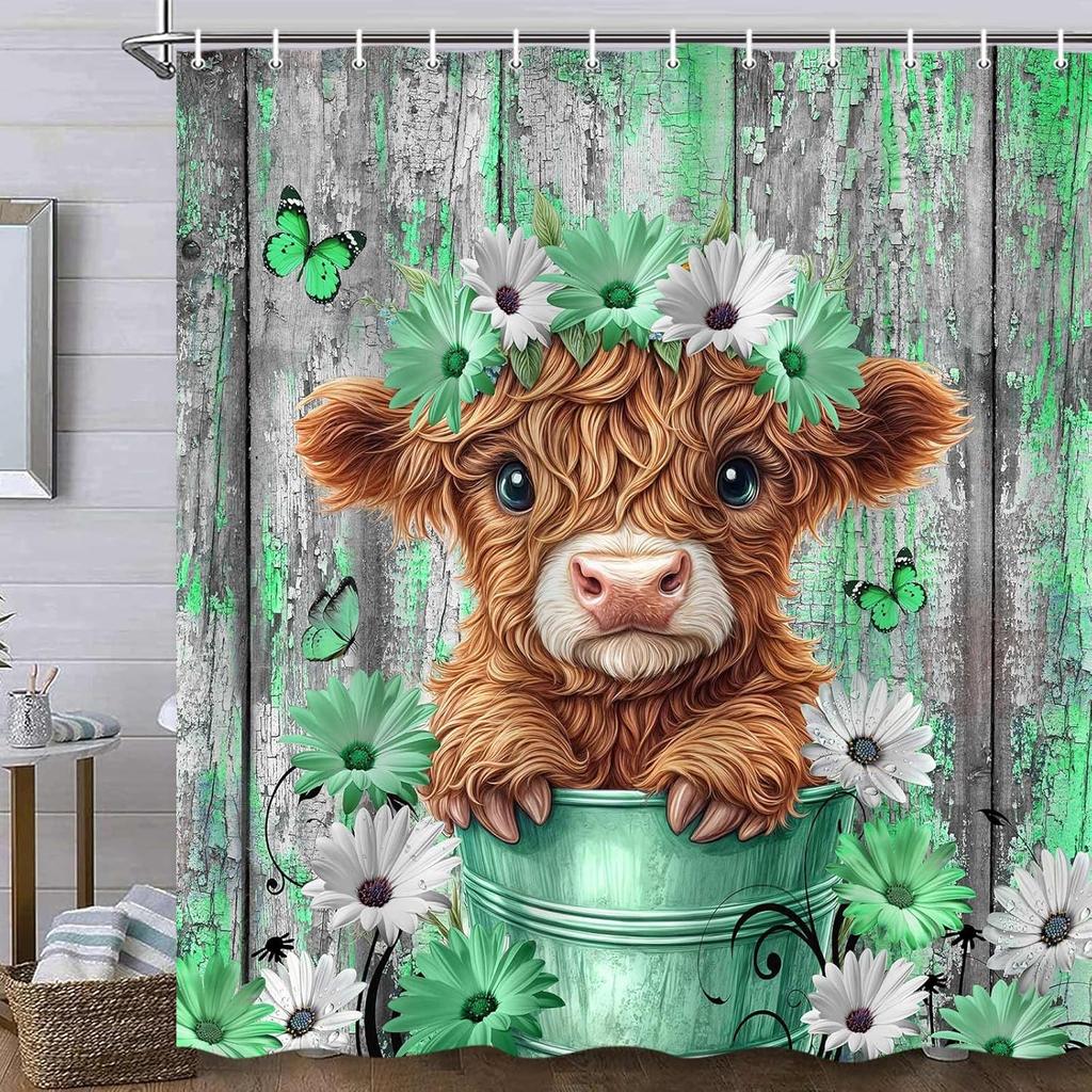 Funny Highland Cow Shower Curtain for Bathroom Decor, Teal Farm Teal Daisy Floral Flowers and Butterfly On Country Wooden