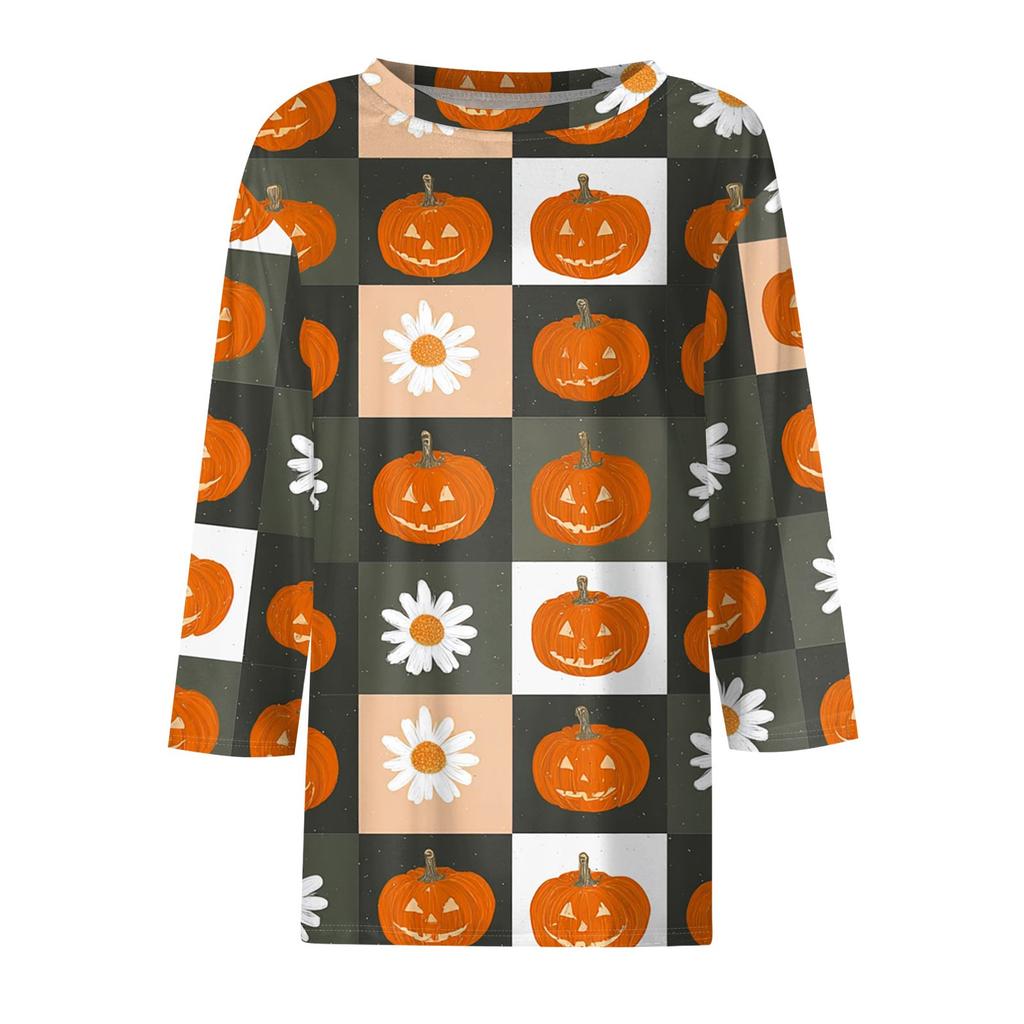 Women's Fashion Casual Three-quarter Sleeve Halloween Printed Round Neck Top