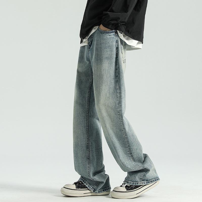 New Autumn Style Grinding White Wash Used Light Flared Jeans for Men Loose Wide-leg Casual Trousers