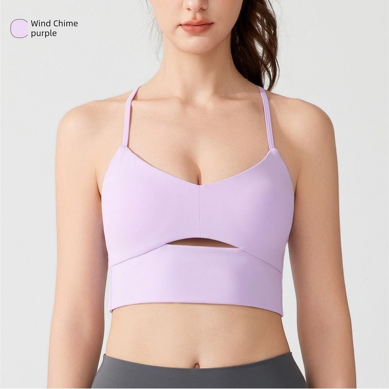 

Foreign Trade Fitness Sports Bra Nude Feel Antibacterial Thin Drawstring Shaping Cross Shockproof Push up Beauty Back Running Yoga Vest Wind Chime purple M