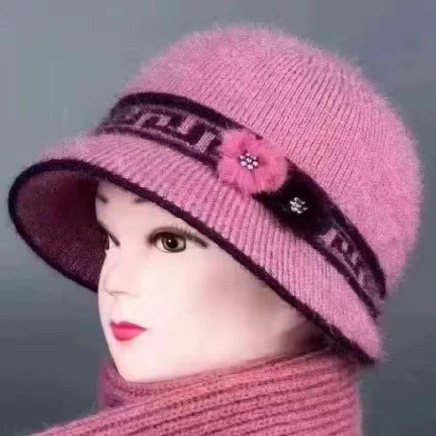 Autumn Winter Old Lady Hat with Velvet Large Brim Basin Hat Middle-aged Elderly Warm Knitted Hat Fashionable Mother's Knitted Hat Female