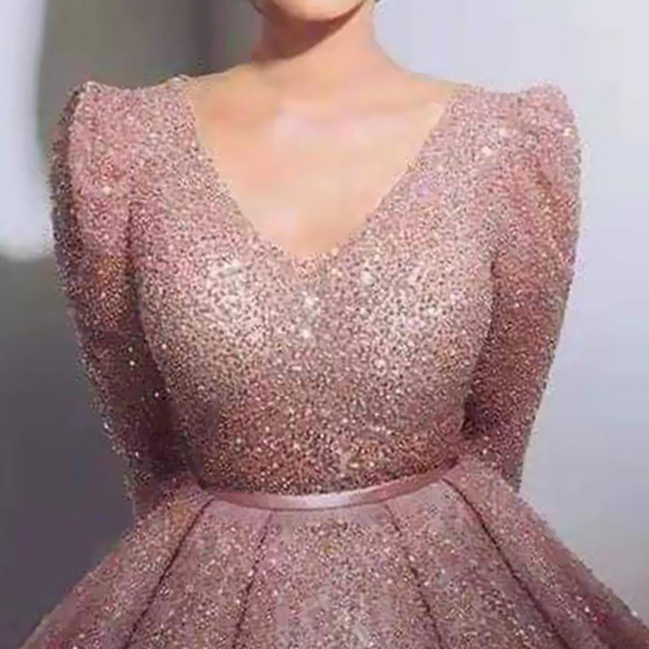 Damen Maxikleid, elegant, mit langen Ärmeln, V-Ausschnitt, glitzernd, für Hochzeit, Braut, Brautjungfern, Party, Ballkleid