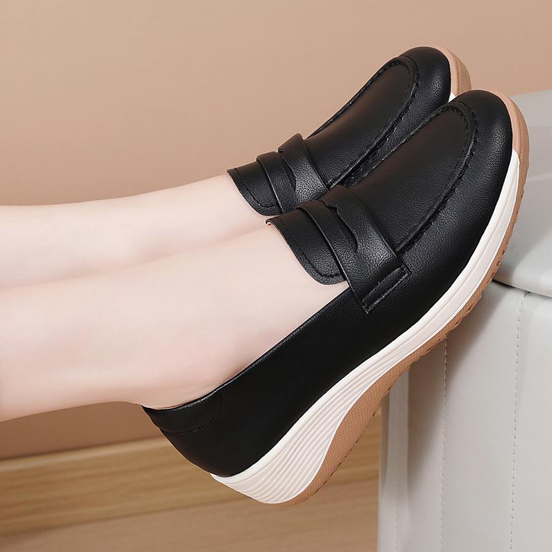 Mocasini cu platformă pentru femei, casual, eleganți, din piele neagră, pantofi de birou pentru femei, cu talpă groasă, pantofi cu vibrații, mărimi mari