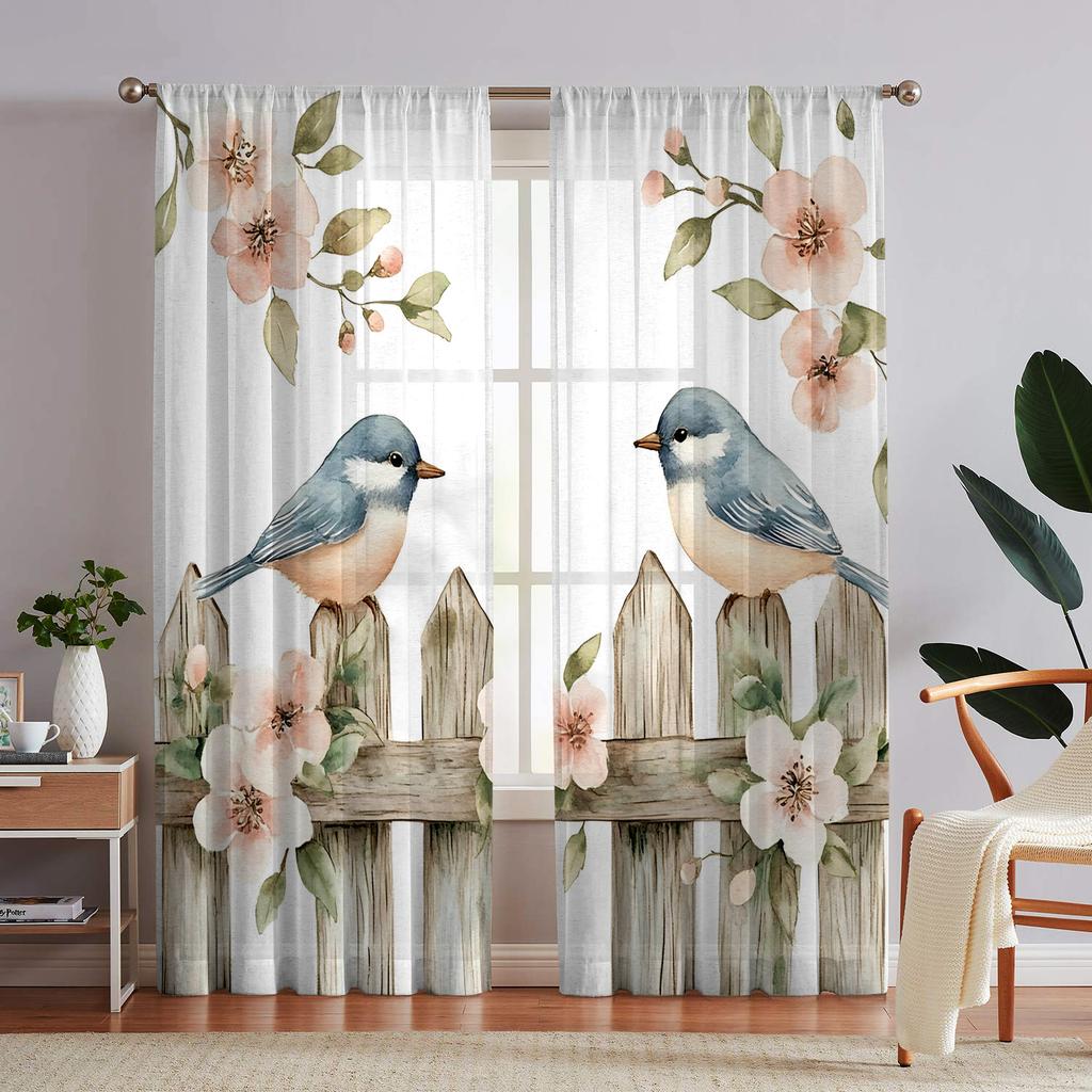 Set Of 2 Hd Digital Plant Bird Printed Window Screen Home Decor Style Decoration Living Room Bedroom Rod Curtain For Made Polyester