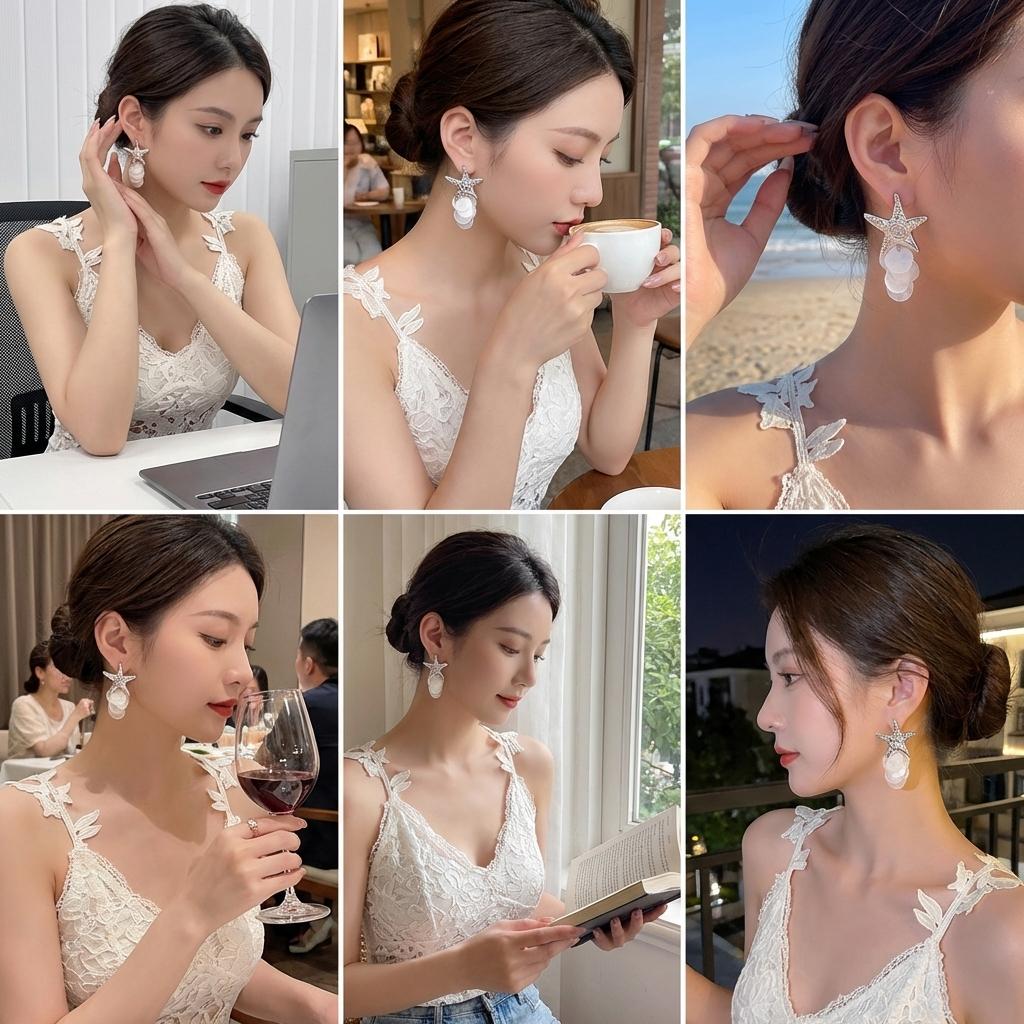 Design Sense Silver Color Metal Starfish Shell Pendant Earrings For Women Beach Vacation Party Aesthetic Jewelry Accessories