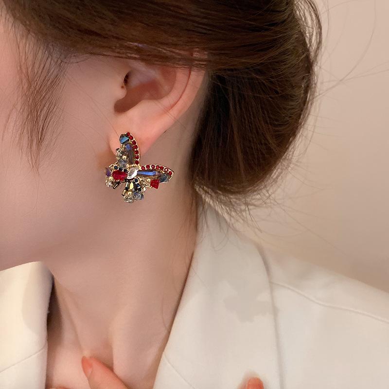 Silver Needle Retro Artificial Crystal Diamond Butterfly Stud Earrings French Court Style Personalized Earrings