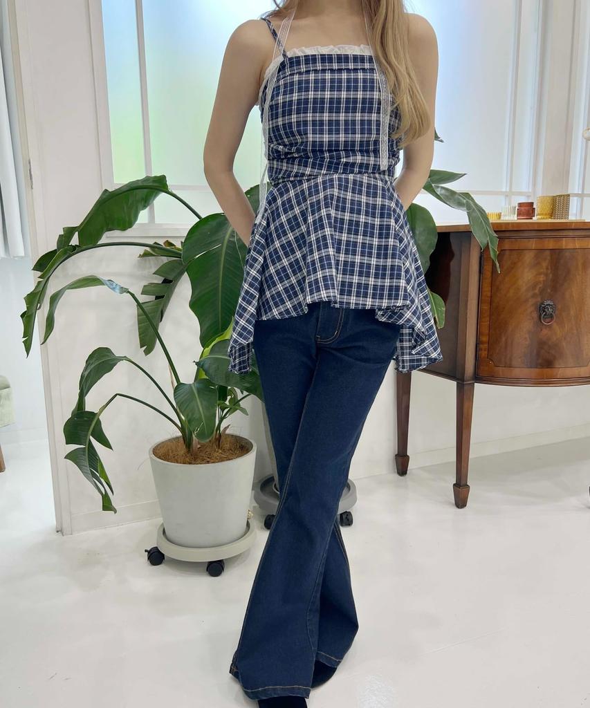 WEGO Lace Choker Checkered Irregular Hem Cami Size Blue Women's Set, Dress, F,