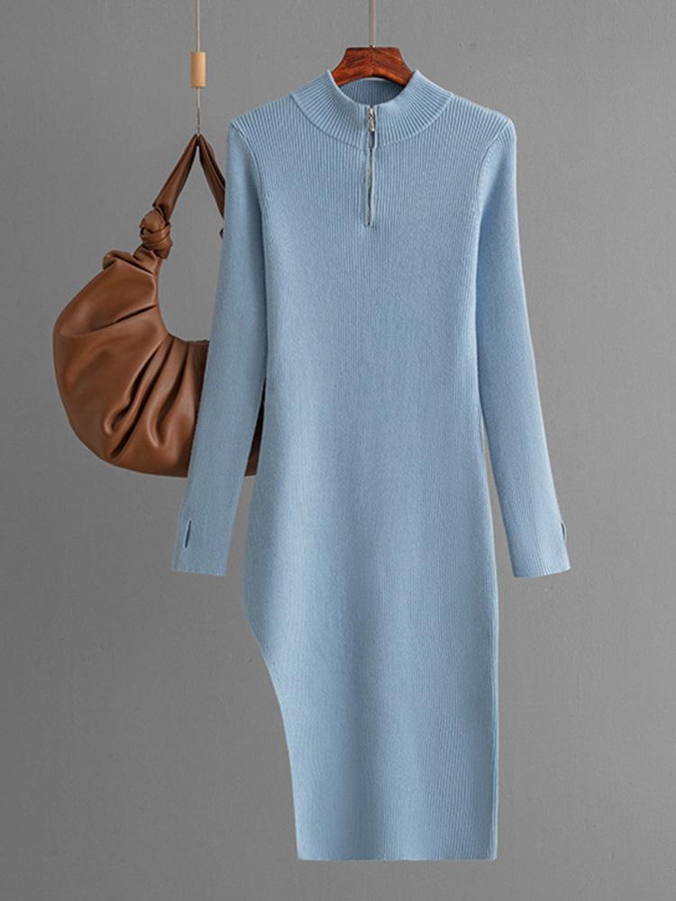 Pletené šaty na zip Dámské 2024 Podzim Zima Polodlouhý rolák Dlouhé přiléhavé Jednobarevné šaty pro ženy Stehenní Midi Rozparek Šaty