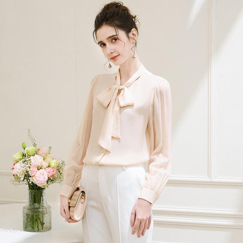 TUHUANG Women s Silk Crepe Tie-Front Blouse L