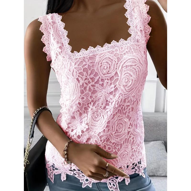 

White Women s Blouse Summer New Square Collar Lace Sleeveless Loose Casual Shirt Women Elegant Vintage Solid Color Office Lady Blouses Tops Clothing 5XL рожевий