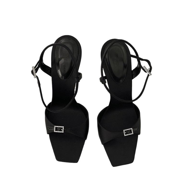 Sparkling Diamond Buckle Stiletto Heels Women's 2024 New Black Versatile Slotted Buckle Strap Open Toe Square Toe Sandals