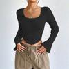 European and American Spring/summer Women's Fashionable Elegant T-shirt, Square Neck Flared Long-sleeve Top