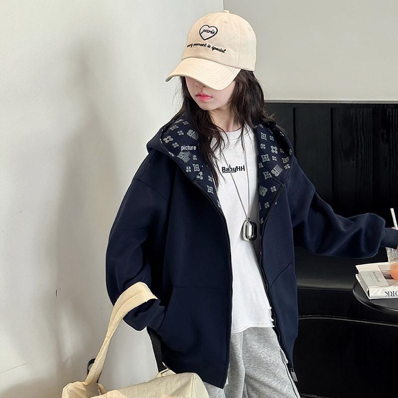 Girls' Hooded Fleece Jacket: 2025 Spring/Autumn Fashion, Korean Style Print for Big Kids