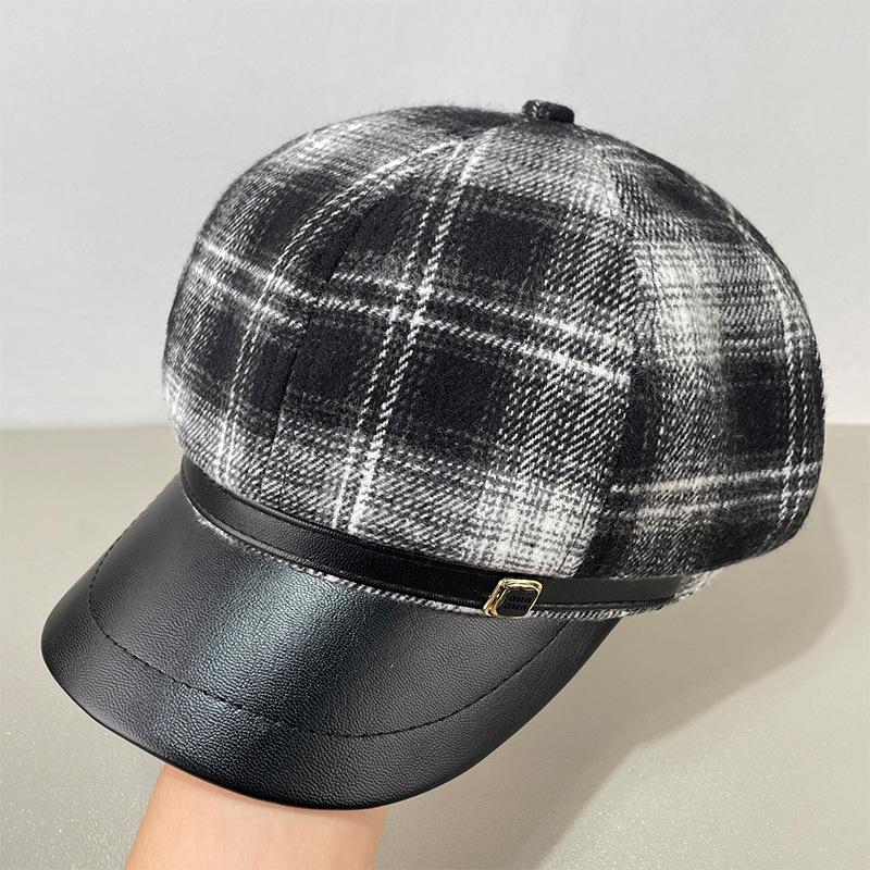 PU Leather-brimmed Retro Plaid Octagonal Hat for Women, Autumn and Winter, Face-slimming Beret, Stylish and Versatile Newsboy Cap