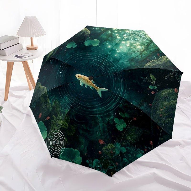 Underwater Serenity: Fish Pond Scene Circular Wall Art Umbrella, Portable 3-Fold Compact Umbrella for Men & Women R137