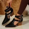 Europe, America, Autumn and Winter New High-heeled Thick-heeled Pointed Retro Belt Buckle Roman Cool Boots Leather Boots Single Boots Large Size