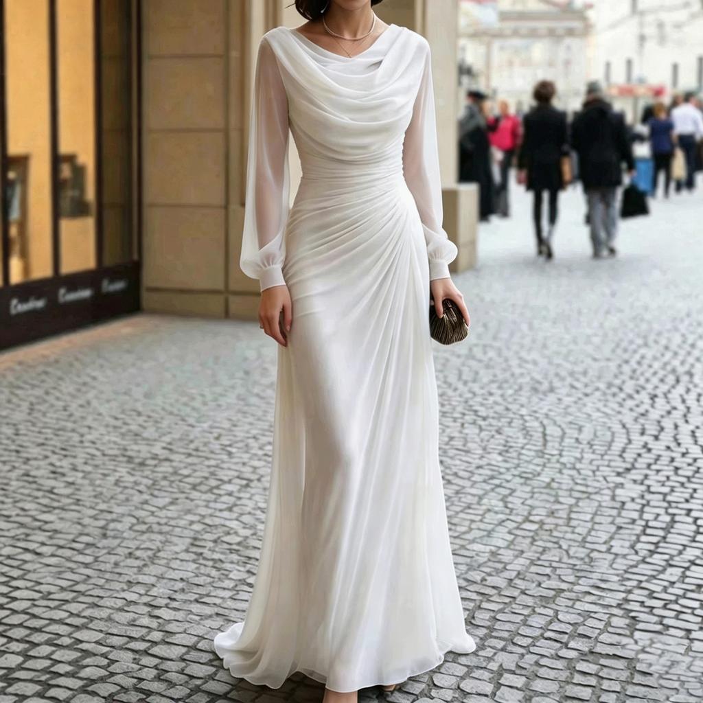 Vestido de Noite Feminino Colorido com Gola Alta Dobrada, Manga Longa, Pregueado e Ajustado