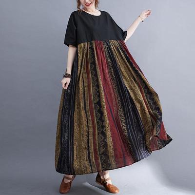 2024 Summer Plus Size Cotton Linen Floral Short Sleeve Maxi Dress