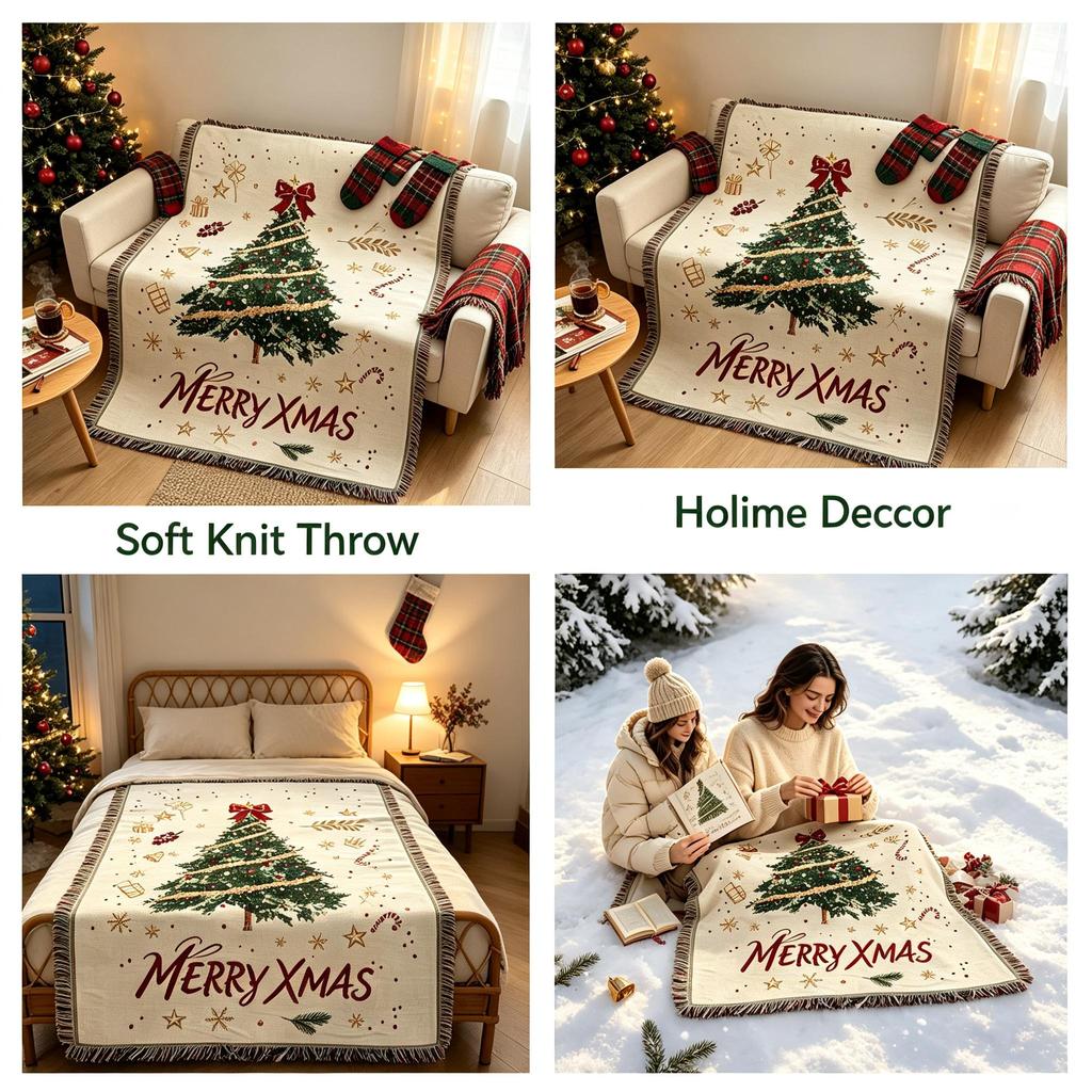 Christmas Tree Themed Throw Tapestry, X‑mas Decor Sofa Cover Bed Runner Holiday Home Decoration