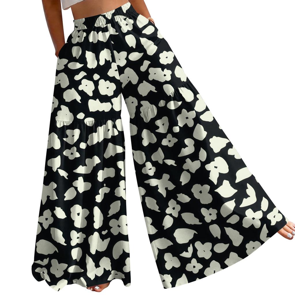 Women's High Waist Wide Leg Pants Loose Fit Lightweight Breathable Floral Print Casual Palazzo Trousers for Summer