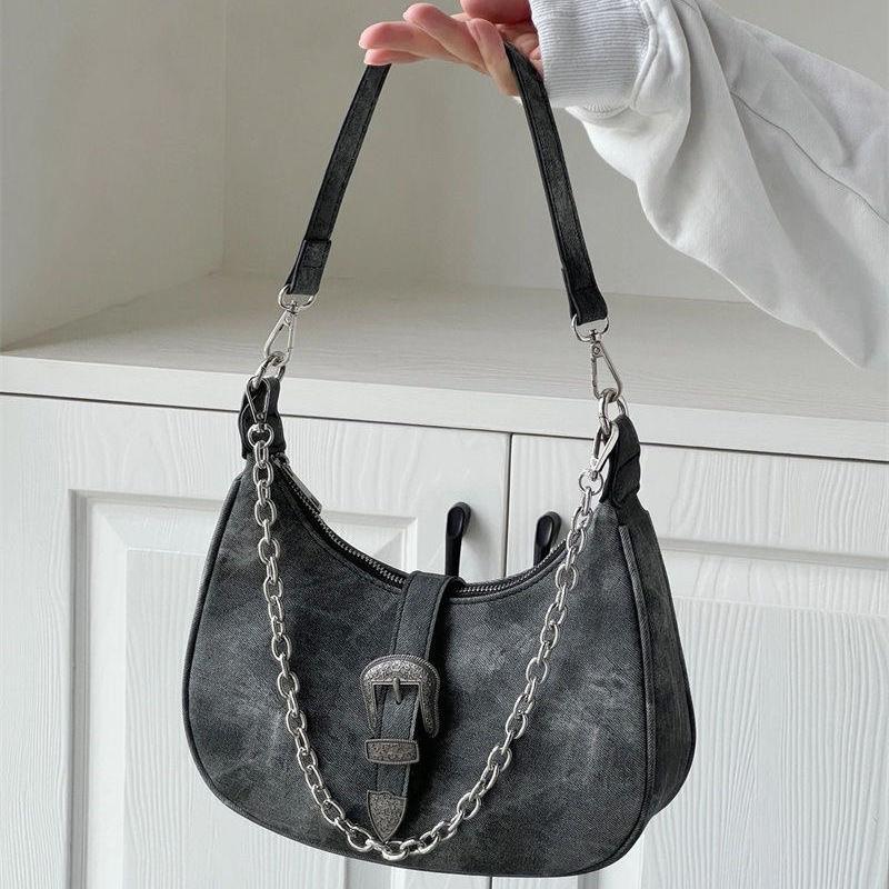 

2024 новая нишевая сумка женская премиум текстура полумесяц сумка ретро сумка через плечо холст подмышки цепочка сумка серый